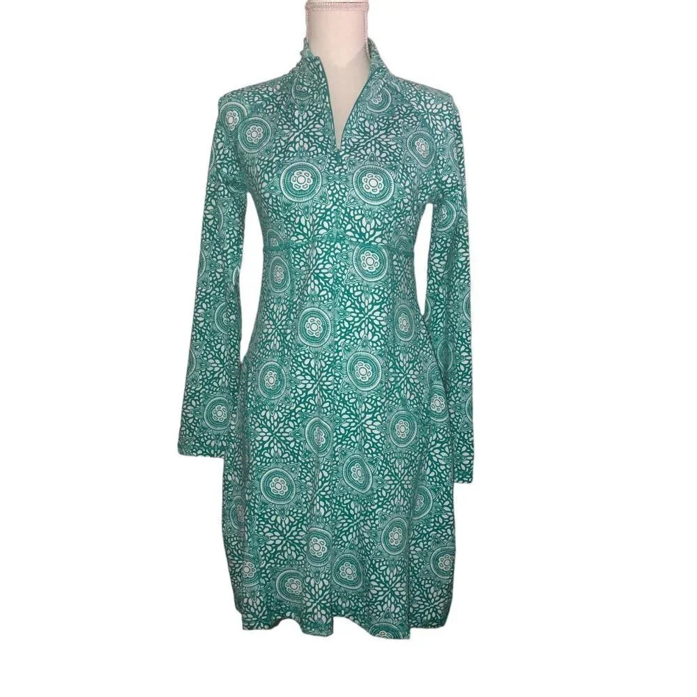 Soybu Sz M Women's Green & White Geometric Print Long Sleeve Athletic Zip Dress